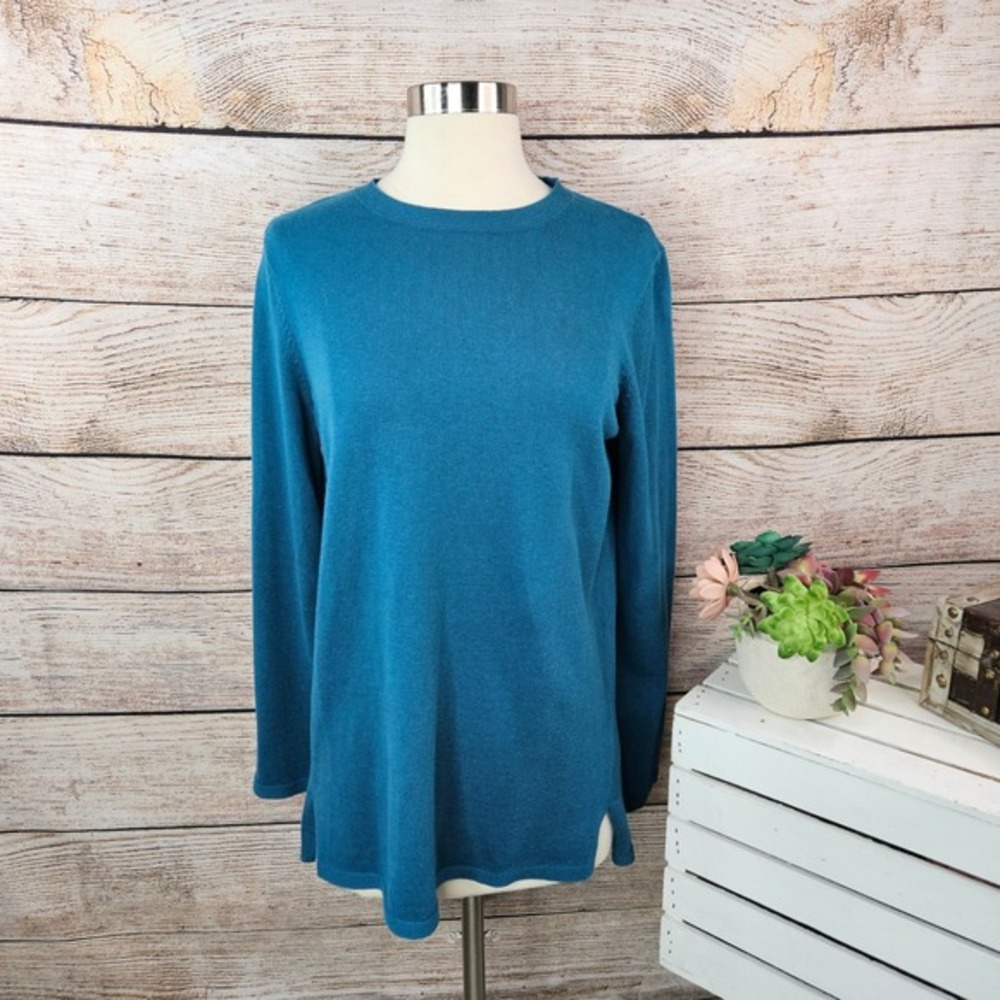 J Jill Tunic‎ Top Long Sleeve Knit Pullover Side Slit Teal Blue Size S